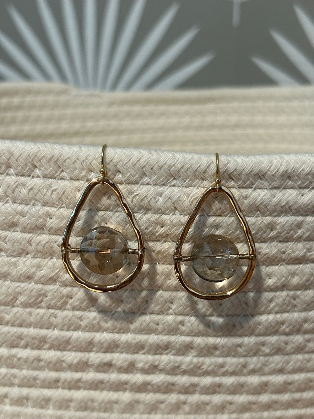 Gold Teardrop Wire Earrings with Smoky Crystal